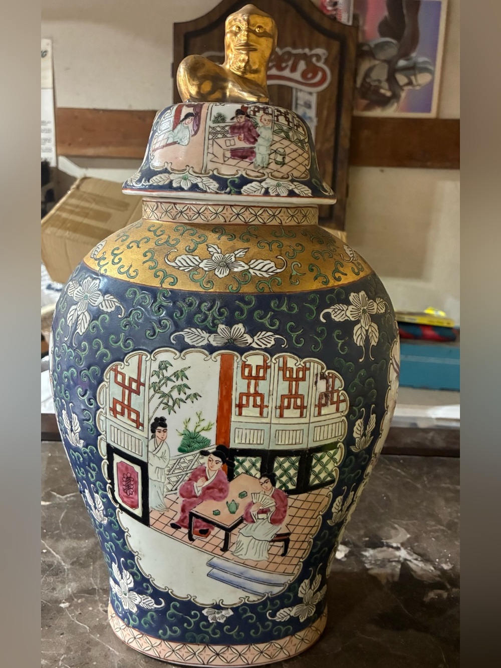 Vintage Chinoiserie Large Temple Jar / Foo Dog Ginger Jar